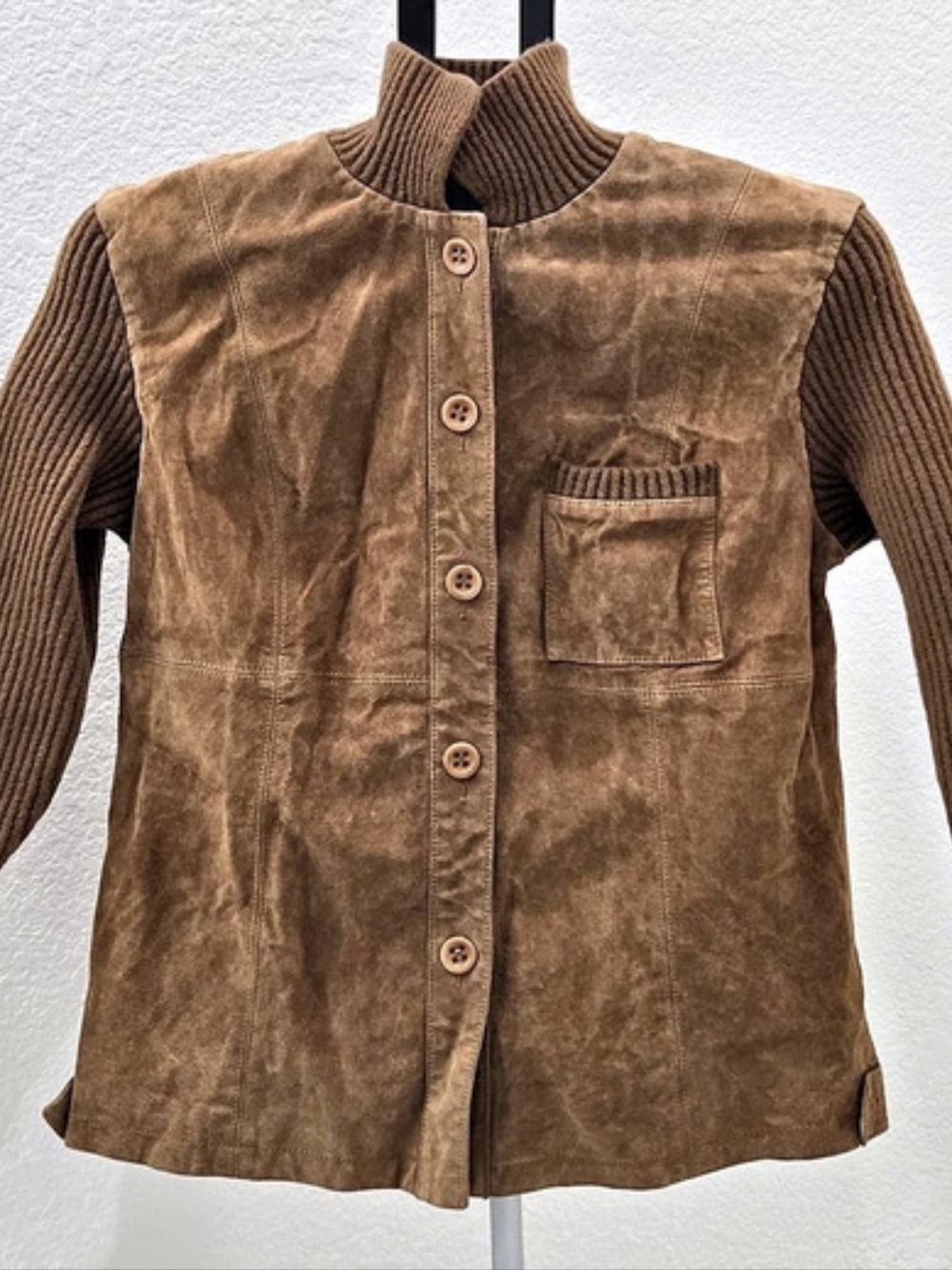 Vintage M.A.G. Brown Suede Leather Wool Jacket Size 12 Small Fit Button Front
